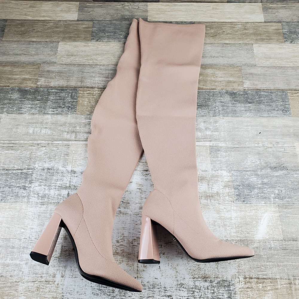 Cape Robbin Flo.a Womens Knee High Boots Sz 8 Tan Knit Block Heel Pointed Toe